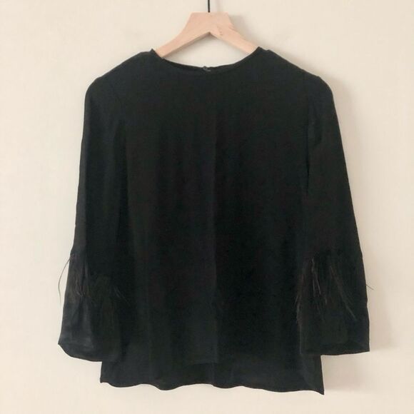 Zara Bell Sleeve Satin Blouse with Feather Accent in Black - Size S - Picture 1 of 5